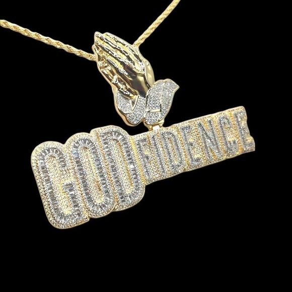 14K Bi-Color Gold Finish Godfidence & Free 24" x 3mm Rope Chain - Picture 3 of 7